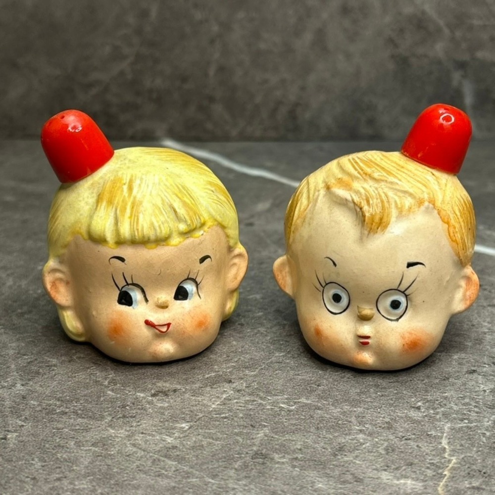 Vintage Japan Ceramic Boy and Girl Salt and Pepper Shakers Red Hats Mid Century